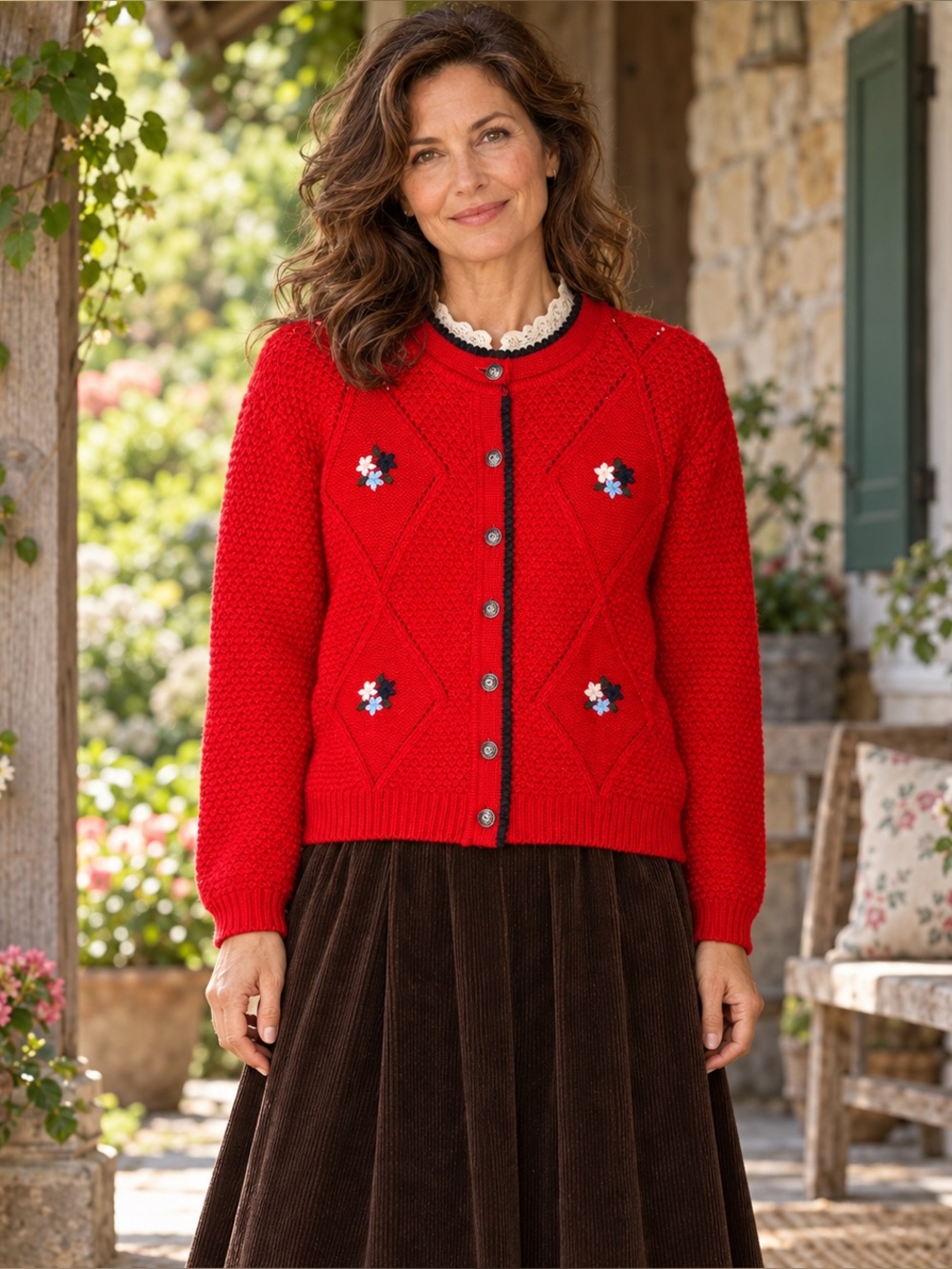 Salzburger Dirndl Look Red Floral Wool Blend Cardigan Grannycore Size 48